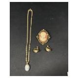 Cameo brooches, necklace, and earrings