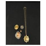 Vintage Portrait Brooch & Locket Necklace Lot