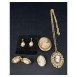 Cameo necklace, brooches, and earrings