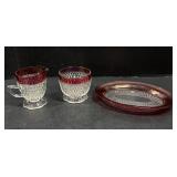 Ruby Flash Glass Creamer, Sugar & Relish Dish