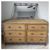 Wicker & Scroll Metal 6-Drawer Dresser with Mirror