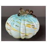Blue Striped Art Glass Pumpkin With Curled Stem