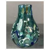 6" Signed Teal Multicolor Art Glass Vase