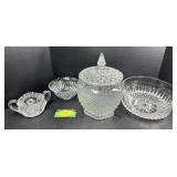 Pressed Glass Covered Jar & Serving Bowls