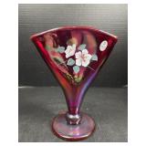 Fenton Cranberry Iridescent Floral Fan Vase