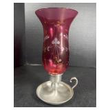 Vintage TIK Pewter Cranberry Glass Hurricane Lamp