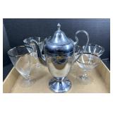 Silverplate Coffee Pot with Silver Rim Goblets