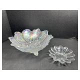 Clear floral Carnival Glass Bowl with other dish