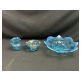Opalescent Blue Glass Bowl, Small Pitcher, and