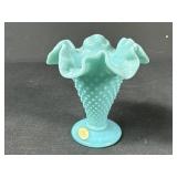 Blue Milk Glass hobnail Fenton mini vase