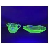 Uranium Glass Creamer and Banana Split Boat Dish