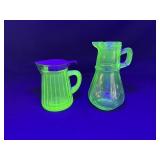 2 Uranium Glass Syrup Pitchers with Lids