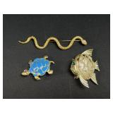Snake, Turtle & Fish Brooches