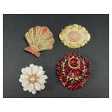 4 Rhinestone, Floral & Shell Brooches