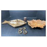 Wood Fish Serving Tray, Leaf Dish & Napkin Rings