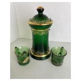 Gold Rimmed Green Jewel Vase and 2 Cups