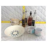 Bowls and vinegar and oil dispensers