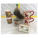 Rooster and cardinal mugs and knickknacks