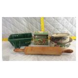 Bowls, recipe tin and roll pin