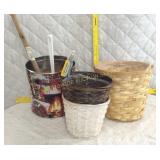 Wicker baskets and and tin