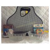 Glass bowls w/ carrying tote, playing cards, tape