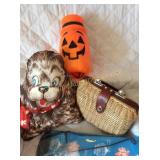 DIY birdcage, wicker purse, stuffed dog and L