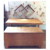 Wooden coffee table, toy chest and diamond shelf