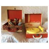 Toy record player and box w/ dolls