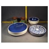 Blue Plastic Dinner plates w/ bowls & mugs