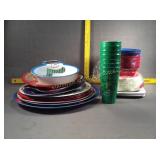 Christmas Plastic cups, bowls, aluminum trays.