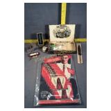 Themometer, cigar box , pens, screw driver  & more