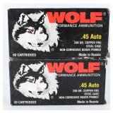 Wolf .45 Auto 230 Grain FMJ Steel Case, Lot of 100