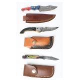 Trio Damascus Steel Knives w/ Leather Sheaths