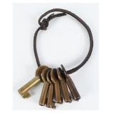 Set 6 Antique Perry Brass Barrel Keys Leather Cord