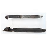 Antique Clip-Point Fighting Knife Leather Scabbard