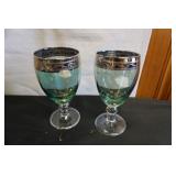 Pair of Vtg Green Etched Greek Key Glasses