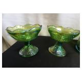 2 Vtg Green Carnival Glass Candleholders