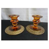 2 Vtg Amber & Gold Candlesticks