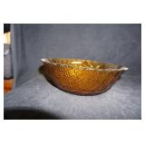 Vtg Indiana Glass Iridescent Basket Tex Amber Bowl