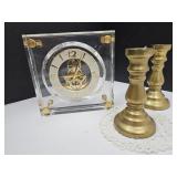 Acrylic 7" Cased Clock & Brass Candle Holders