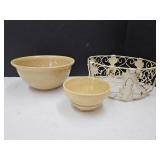 Crock Bowls &  Metal Basket