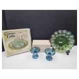 Iridescent Carnival Glass Relish tray & Candle