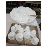 Milk Glass Punch Bowl Set w Ladle & Hooks