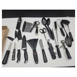 Black Handled Utensils Ice Cream Scoop, Knives +