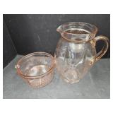 Pink Depression Etched Glass Pitcher 10" & Dish