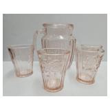 Pink Depression 6" h  Pink Glass Pitcher & 4 Glass