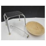 Vintage Step Stool, Glass Rolling Pin & Wood Bowl