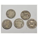 5 Barber Silver Dime Coins Different Dates