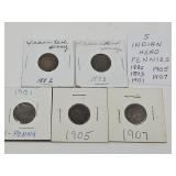 5 Indian Head Penny Coins Different Dates