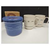 2 Longaberger Pottery Mugs & Crock w Box